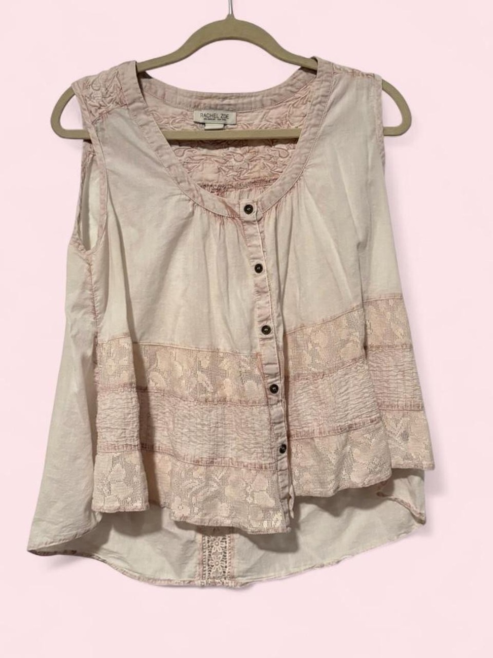 Takara Blush Pink Lace-Trim Sleeveless Button Front Top